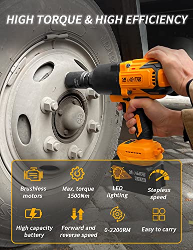 Lagatuns 3/4 Impact Gun,1500Nm(1106Ft·lbs) High Torque 2200 Rpm,Brushless Motor，3/4 Inch Cordless Impact Wrench With Two 6.0Ah Li-Ion Battery,Professional Level… B0Bb9N1Mtk #TOP6
