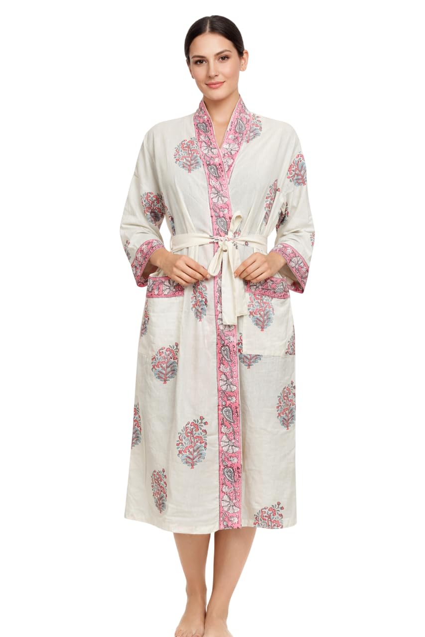 Pure Cotton Hand Block Printed Kimono Robe for Women, Handmade Bath Robe, Lightweight Spa & Loungewear, Free Size, Soft Breathable Bathrobe (IN, Alpha, Free Size, Regular, Standard, White5)-image-35