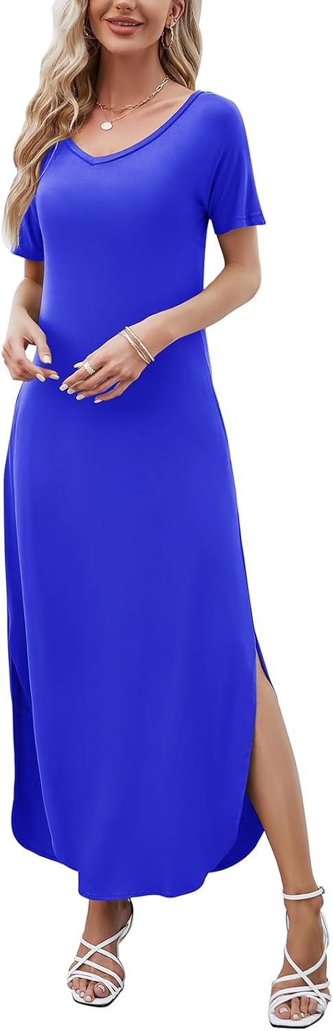 HUSKARY Women's Summer Maxi Dress Casual Loose Pockets Long Dress Short Sleeve Split Maxi Dresses image 5