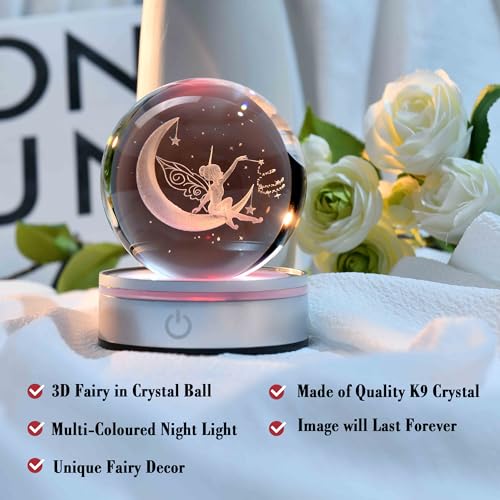 Image of IFOLAINA Moon Fairy Crystal Ball 3D Laser Engraved Fairy Glass Ball Fairy Night Light Decorative Globes 3D Crystal Moon Sphere Fairy Gifts for Girl Her Fairy Lover