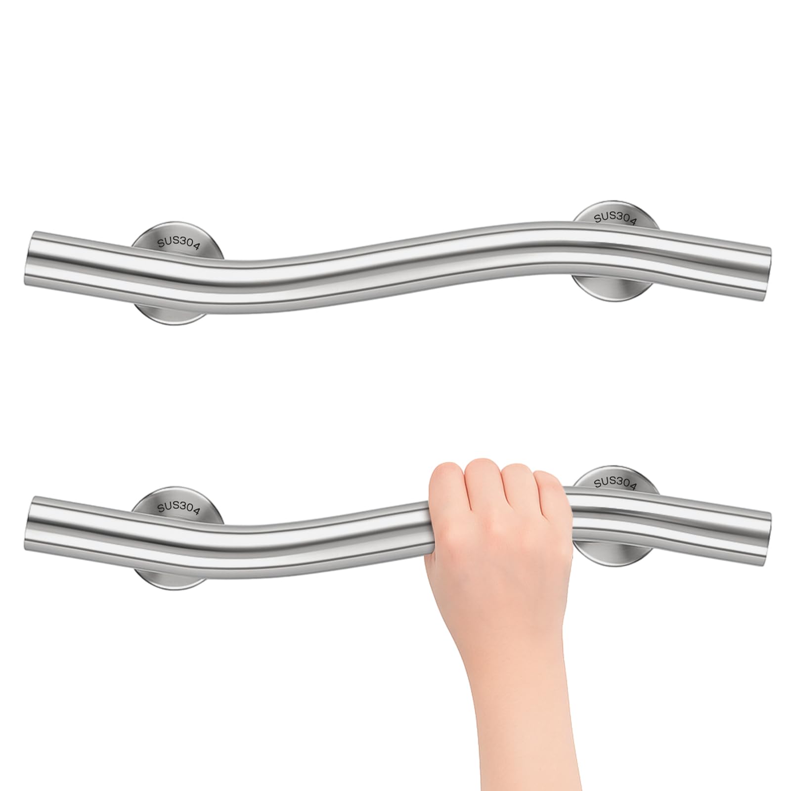Photo 1 of 2 Pcs Wave Grab Bar 16 Inch Shower Bar 304 Stainless Steel Brush Finish Right Hand for Bathroom Shower Bathtubs Toilet Steps Bed Home Elderly Handicap Pregnant Women