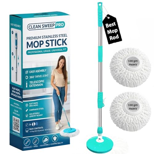 Image of Smart Spin Mop Stick Rod Only Mop with Stick | Spinning Mop Stick with Stainless Steel Handle & 2 Microfiber Refills | Adjustable Heavy Duty Mop Rod for Floor Cleaning
