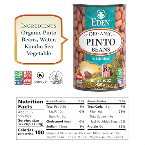 image for Eden Organic Pinto Beans, 15 oz Can (12-Pack), No Salt Added, Non-GMO,