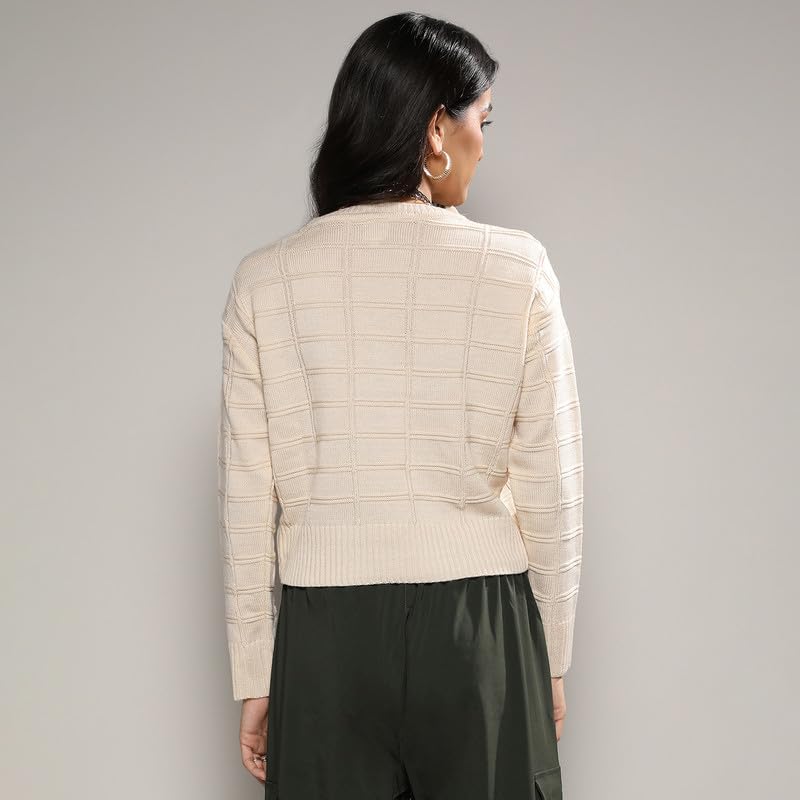 Image of PINACOLADA Women's Geometric-Textured Pullover Sweater for Casual Wear | Crew Neck | Long Sleeves | Pull On Closure | Sweater Crafted with Comfort Fit for Everyday Wear