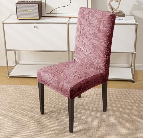 Image of House of Quirk Stretchy Universal Camellia Jacquard Waterproof Chair Cover Removable & Washable Short Dining Chair Cover Protector Seat Slipcover (Maroon,Pack of 6)
