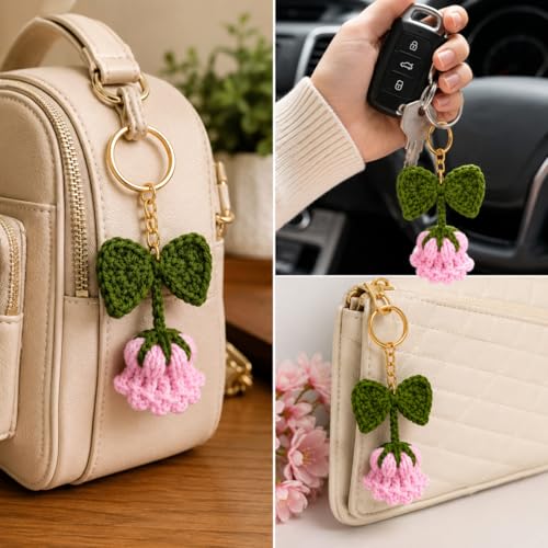 Image of Handmade Crochet Keychain for Women & Girls, Cute Yarn Key Ring, Bag Charm, Car Key Holder & Gift, Aesthetic Handmade Floral Accessory
