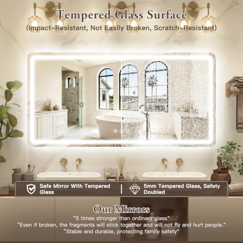 Image of 60 inch x 30 inch Led Bathroom Mirror with Lights, Anti-Fog & Tri-Color Lighting - Wall Mounted Shaving Mirror with, Waterproof & LED Vanity Mirror,Tempered Glass, Dimmable Mirror