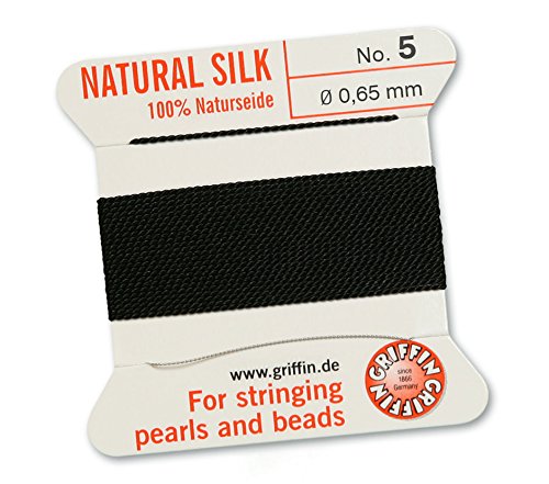 GRIFFIN 100% Natural Silk Beading Cord String Thread - Black - 2 metres with one needle - Size 0.65mm
