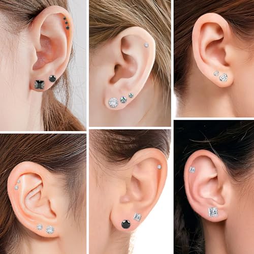 Cubic Zirconia Earrings Studs Set - Hypoallergenic Surgical Stainless Steel for Sensitive Ears - Diamond-Like Shine CZ - Flat Back Cartilage - Daily Wear Jewelry for Women & Men3