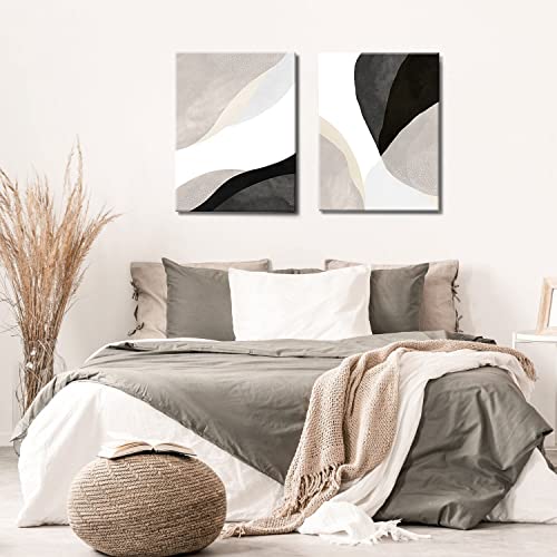 Akwish 2 Of Set Framed Canvas Print Wall Art Black White Beige Color Blocks Abstract Shapes Illustrations Modern Art Minimalist Wall Decor For Living Room Bedroom Office Dining Room 12"X16"X2 #TOP2
