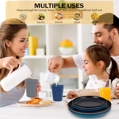 Image of Rubtlamp 16Pcs Plastic Wheat Straw Dinnerware Set, Reusable Plastic Dishes Set for 4, Kitchen Plates And Bowls Set (Deep Four Colors) Include Dinner Plates, Dessert Plates, Cereal Bowls, Cups