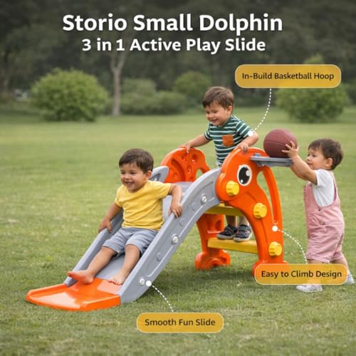 Image of Storio Toddler Small Size Slide with Basketball Hoop Dolphin Themed Indoor & Outdoor for Kids Ages 1-2 | Orange | Safe, Sturdy & Fun Playset | Easy Assembly Toddler Slide for Boys & Girls
