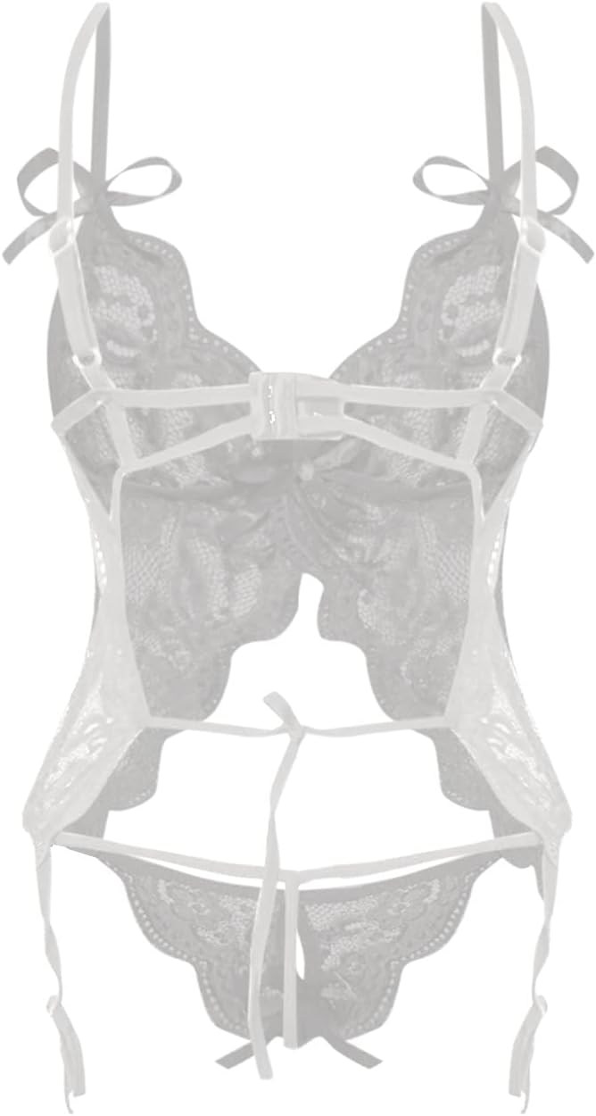 Sexy Lingerie for Women Sheer Lace One Piece High Cut Bodysuit V Neck Backless Floral Halter Teddy Negligee Babydoll