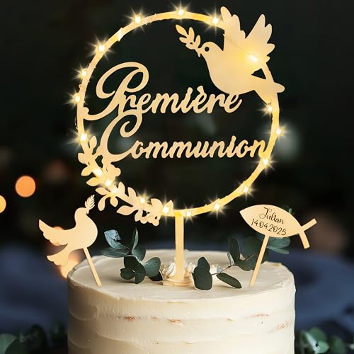 Lot de 3 décorations de gâteau de communion avec guirlande LED - Décoration en bois - Cérémonie religieuse