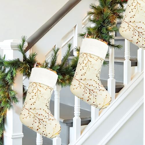 SYITCUN 12pcs Christmas Stockings, 20” Extra Large Christmas Stockings Bulk with Gold Berry Branch Pattern, White and Gold Stockings, Perfect for Xmas Fireplace Staircase Decoration