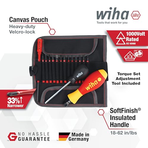 Image of Wiha 28792 Insulated Torque Control Driver & SlimLine Blade Set, 16 Piece, 18-62 in-lb, Slotted, Phillips, Torx & Square, 1000V VDE | 18-62 in-lb, Slotted, Phillips, Torx and Square, 1000V VDE