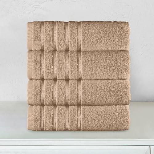 Image of Elegant Comfort 100% Turkish Cotton 4 Lines Viscose Stripe Luxury 4 Pack Hand Towel Set - Ultra Absorbent and Soft 16 x 28 Inch Premium Hotel Spa Quality Towels for Everyday Bath Use, Taupe