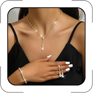 Meztole Gold Jewelry Set for Prom,Pearl Necklace Earrings Bracelet Crystal Bridal Wedding Prom Dresses Costume Jewelry Accessories Rhinestone Bridal Jewelry Set for Women