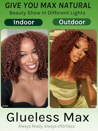 Image of KLAIYI Reddish Brown Afro Kinky Curly Glueless Precut 7x5HD Lace Front Wigs Human Hair Bye Bye Knots Pre Plucked Bleached Pre Everything 3S Ready to Wear and Go Beginner Wig with Baby Hair 180% 16Inch