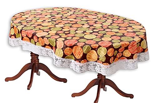 Image of The Furnishing Tree Waterproof PVC Oval Shaped 10 Seater Table Cover WxL 60x120 inches Abstract Pattern Multi Color with White Border lace