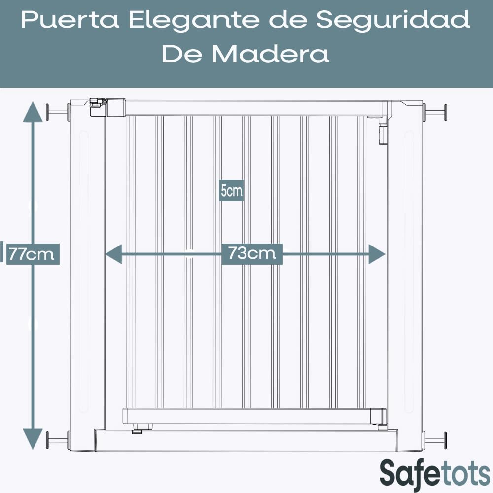 Safetots Puerta Elegante de Seguridad de Madera para Bebés, Blanca, 145cm - 153cm, Puerta de Seguridad con Ajuste por Presión, Puerta Extra Ancha de 73cm, Puerta Extra Ancha