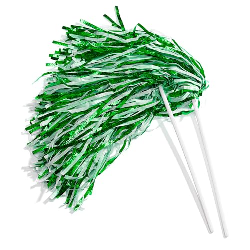 Andersons Metallic Green and White Foil Textured School Spirit Shakers, Cheerleader Pom Poms, Football Basketball Homecoming Squad, Team, Party, Dance, Club, Performance, Fan Celebration Pack of 10