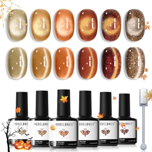 modelones Fall Cat Eye Gel Nail Polish Set Yellow Gold Orange Brown Nude