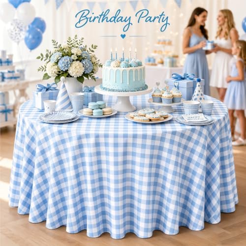 Image of WNINK 4 Pack Blue Gingham Round Tablecloth, 84 Inch Disposable Plastic Table Covers, Blue Checkered Round Table Cover for Birthday Parties, Holiday, Picnic, BBQ, Family Gathering Party Supplies