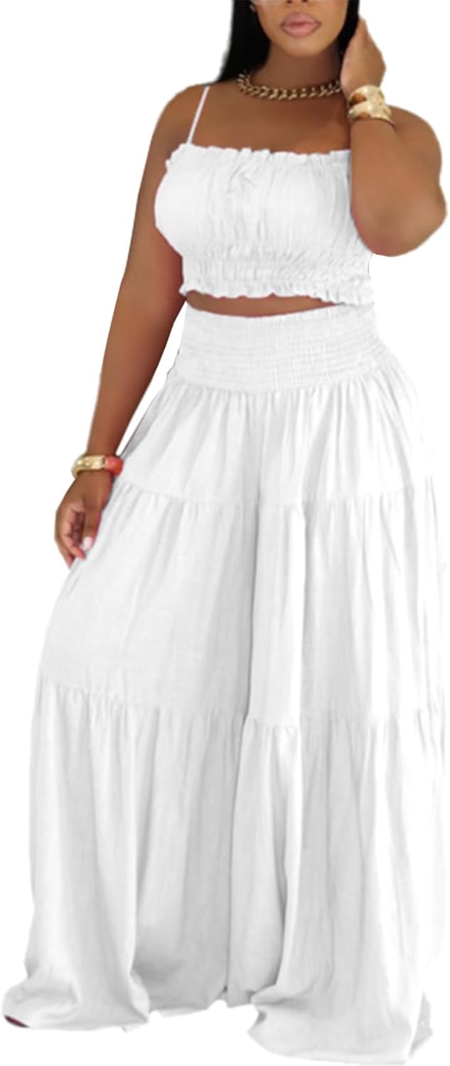 Ophestin 2 Piece Sets for Women Summer Smocked Sleeveless Crop Top Wide Leg Pants Matching Sets Sexy Vocation Outfits