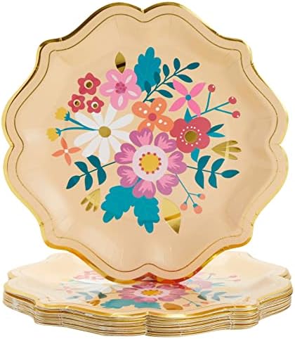 24 Pack Vintage Floral Paper Plates with Scalloped Edges for Spring Tea, Mexican Fiesta Party, Wedding (9 In)