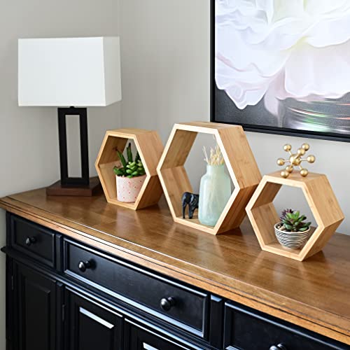 Bamboo Hexagon Floating Shelves For Wall Decor - Set Of 3 - Eco-Friendly Honeycomb Shelves For Wall Mounted Hexagon Shelf Room Decor With Hanging Hardware, Wall Shelves, Hexagon Shelves For Home Decor #TOP4