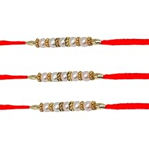 Pearl Rakhi for Brother Handmade Traditional Pearl Beaded Rakhi Elegant Raksha Bandhan Cotton Thread Rakhi Decorative White Pearl Festival Rakhi for Brothers & Siblings Sacred Thread Pack of 3