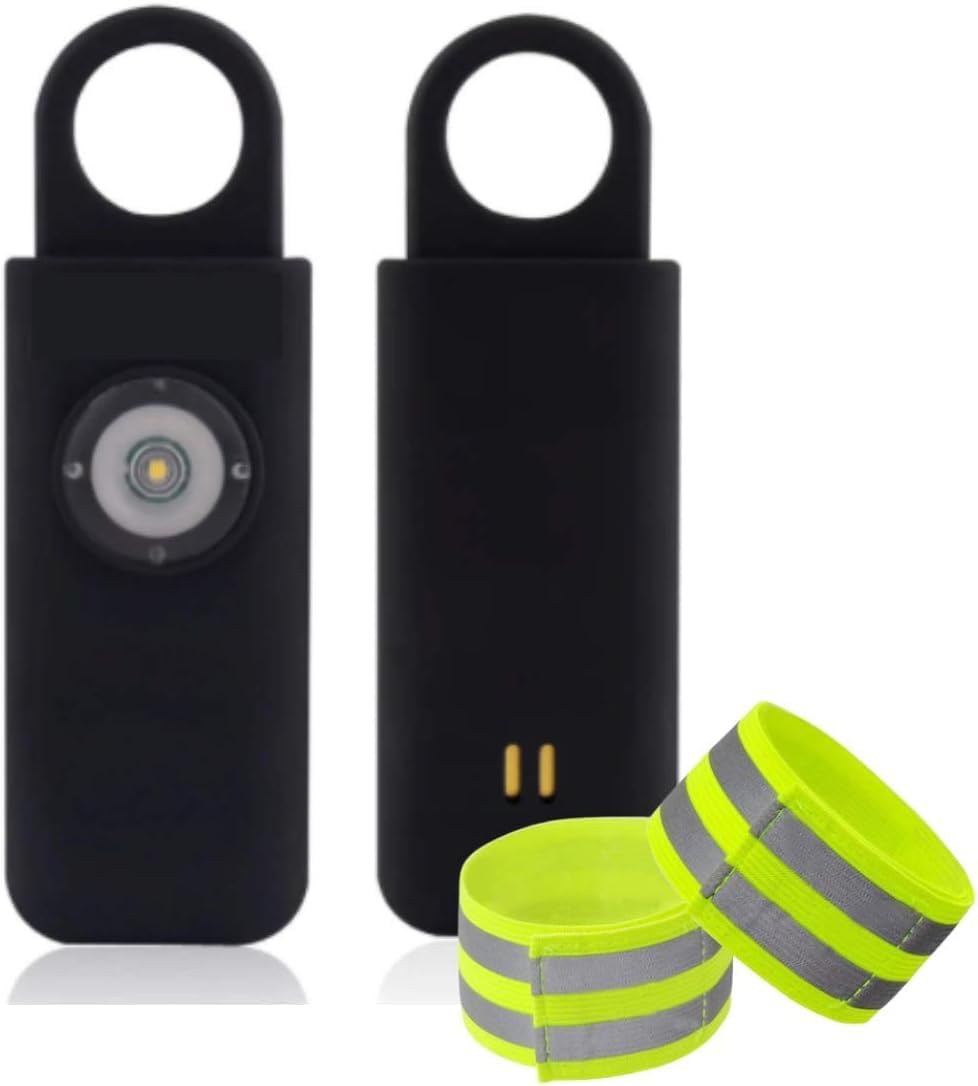 Generise Women's Black Personal Alarm Self Defence Keychain Panic Alarm For Men, Kids With Loud 125Db Siren And 200-Lumen Strobing Led Light Plus Pair Of Hi Vis Reflective Arm/Ankle Bands
