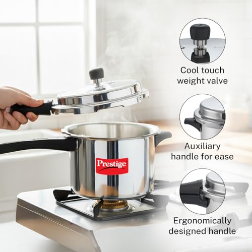 Image of Prestige 5 Litre Aluminium Popular Outerlid Pressure Cooker | Virgin Aluminium| Gas Compatible|Controlled Gasket Release System|5 years warranty|ISI Certified