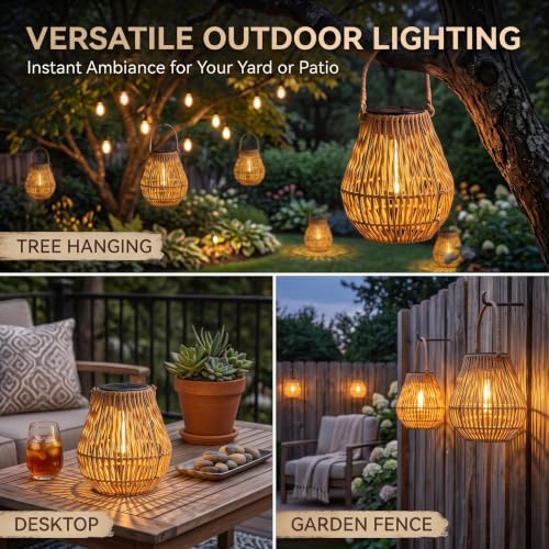 Lyeasw Solar Lantern Outdoor Waterproof, Boho Woven Solar Hanging Lantern Lights, 2 Pcs Decorative Warm White Solar Lights for Garden, Patio, Porch, Balcony, Backyard Decor, Housewarming Gift - image 3