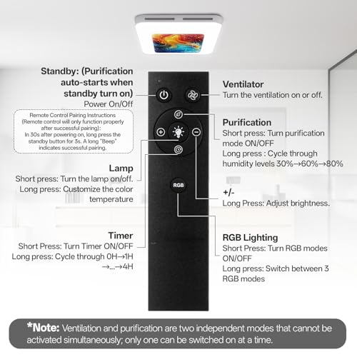 Image of Bathroom Exhaust Fan with Humidity Sensor, 230 CFM 1.0 Sone Ventilation Fan, 3 Dynamic Light and 3CCT Light (2700-4500-6500K), 11.22 inch x 11.22 inch Mount, Remote Control (Aurora Iridescence)