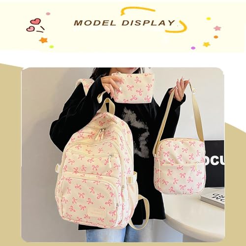 3Pcs Set Pink Bow Backpack for Women, Coquette Aesthetic Nylon Rucksack Cute Kawaii Backpack With Bow Pattern (Pink)2