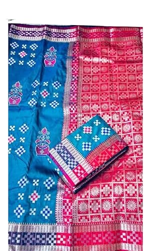 Women`s Sambalpuri Satin Silk Saree With Traditional Design with Blouse Piece - Sky Blue Red