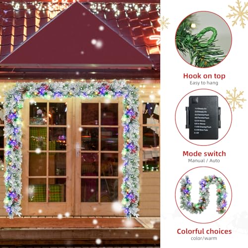 Christmas Garland with Lights 9FT - Christmas Garland with 50 LED Battery Powered, 9 Lighting Modes, Red Berry & Pine Cone Decor - Perfect for Stairs, Front Door, and Christmas Decorations by HOYECHI - Image 5