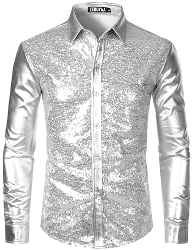 ZEROYAA Men's Shiny Metallic Sequin 70s Disco Long Sleeve Button Down Shirts for Halloween Cosplay Club Dance Hip Hop Party Silver Medium
