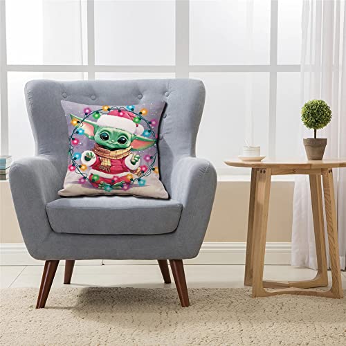 Cute Baby Yo-Da Throw Pillow Cover Christmas Yo-Da Pillowcase For Christmas Home Decoration Colorful Lights Yo-Da Pillowcase Star And Wars Pillowcase For Car Sofa Office Bed Decoration 18'' X 18'' #TOP4