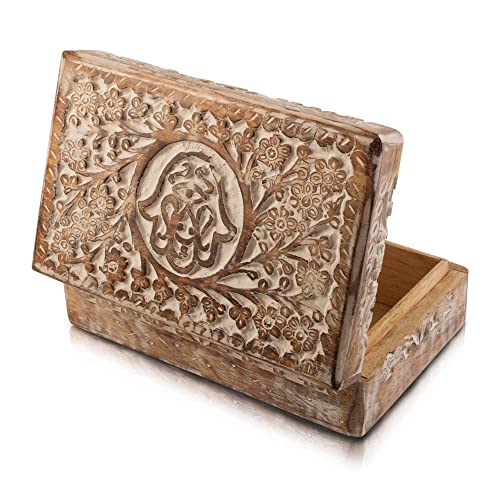 Handmade Decorative Wooden Jewelry Box Hamsa Hand Carving Jewelry Organizer Keepsake Box Treasure Chest Trinket Holder Watch Box Storage Lock Box 8 X 5 Inches Housewarming Gift (White) #TOP2