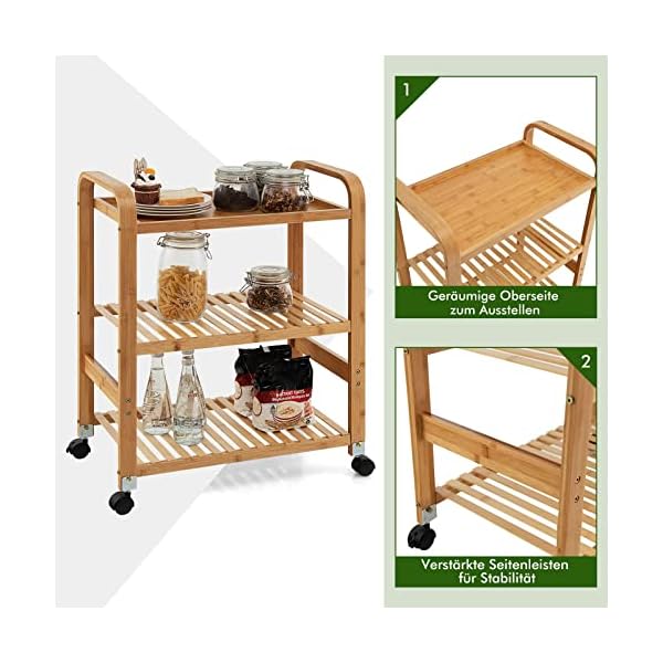 COSTWAY Servierwagen Bambus auf Rädern, Küchenwagen mit 3 Ablagen & Griffen, Lagerregal mit abnehmbarem Rollen, Rollwagen für Küche Flur Bad, Mobiler Allzweckwagen, 58 x 33 x 76 cm – Bild 6