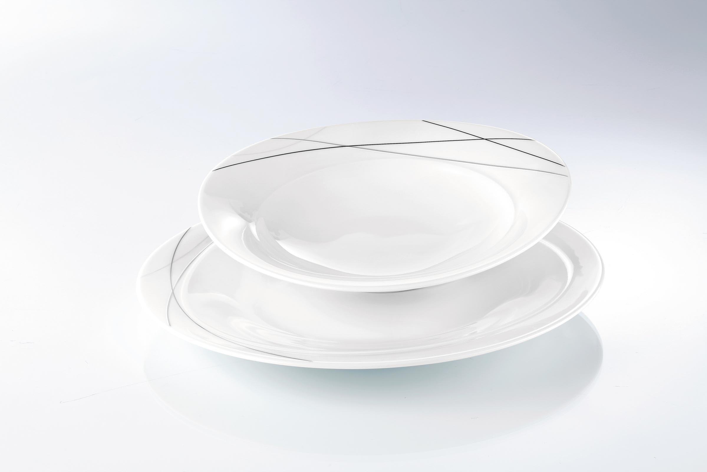 Seltmann Weiden Trio Highline Suppenteller 6er Set, 24 cm, Tiefe Teller mit schwarz-grauen Linien, Spülmaschinen- und Mikrowellenfest, Porzellan, Weiß