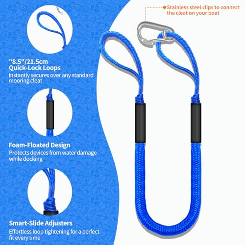 ZRSCHYG 4ft Bungee Dock Line with 2 Loops and 1 Clip, 2025 Newly Upgraded Mooring Rope for Boats (Blue) — view 4