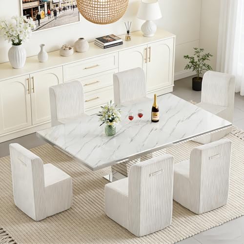 Image of 7-Piece Extendable Dining Table Set for 6, Modern 63 inch-94 inch White Marble Expandable Kitchen Table Set with 6 Furry Chairs, Large Extendable Dining Room Tables with Mirrored Columnar Base