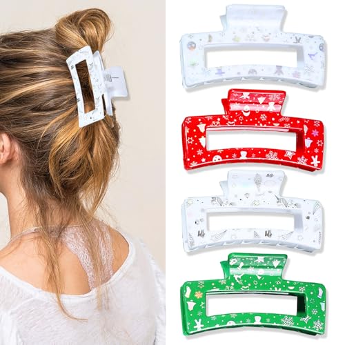 BAISEN New Christmas Hair Clips - 3.4 inches Large Rectangle Nonslip Banana Hair Claw Clip for Thick Thin Hair, Cute Print Glossy christmas Hair Accessories for Women Girls (Christmas 4Pcs)