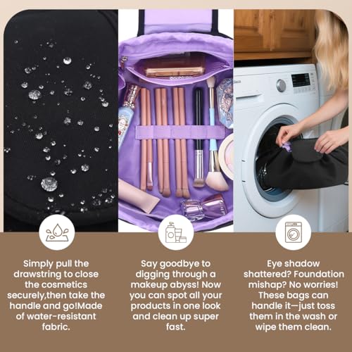 Lay Flat Drawstring Makeup Bag,Travel Cosmetic Organizer for Women,Large Capacity Toiletry Bag,Portable Open-Flat Design for Skincare and Makeup Brushes (Purple) 5