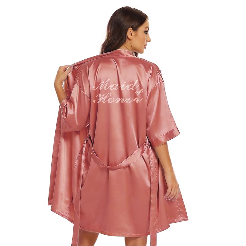 Image of Women's Bride Bridesmaid Robes Short Satin One Size Silver Rhinestones Wedding Party Getting Ready Sleepwear