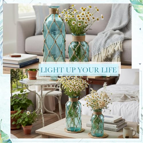 Image of Chuangdi Set of 2 Coastal Glass Flower Vase with Boho Rope, Light Blue